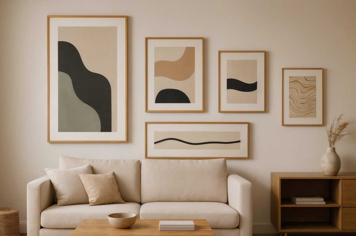 Minimalist tarzda döşenmiş bir oturma odasında duvarda asılı farklı boyutlarda modern sanat tabloları