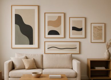 Minimalist Ev Dekorasyonu: Modern Sanatla Sadeleşen Yaşam Alanları Minimalist tarzda döşenmiş bir oturma odasında duvarda asılı farklı boyutlarda modern sanat tabloları