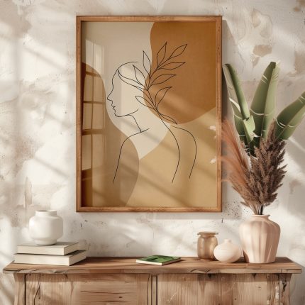 Ahşap çerçeveli minimal kadın silueti tablo