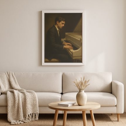 Piyano çalan adam tablosu bir salon duvarına asılmış