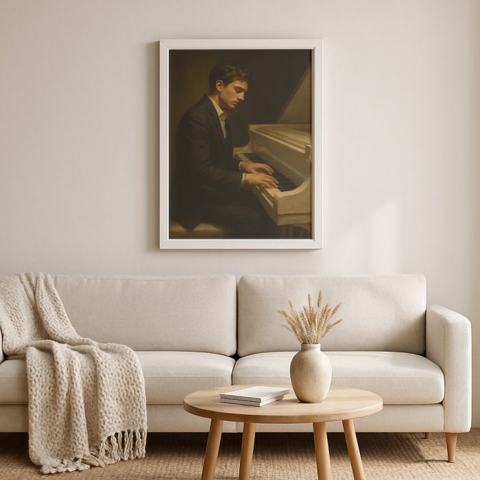 Piyano çalan adam tablosu bir salon duvarına asılmış