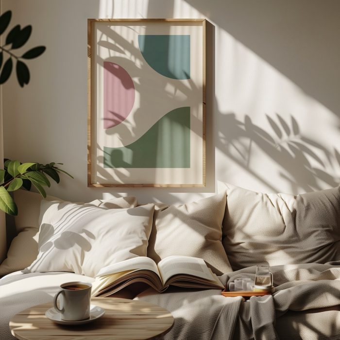 yatak odasında ahşap çerçeveli pastel tablo