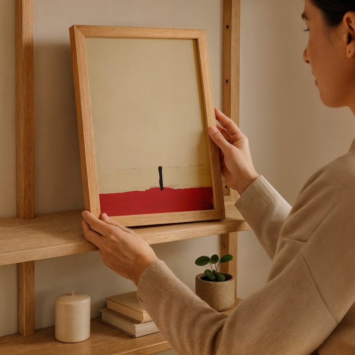 minimalist soyut tablo raf üzerine yerleştirme