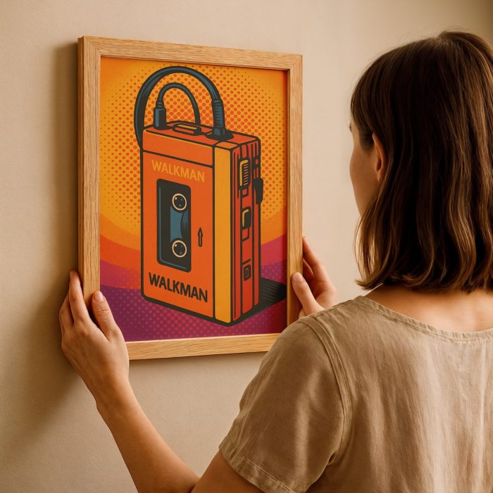 Kadın retro tabloyu duvara asıyor