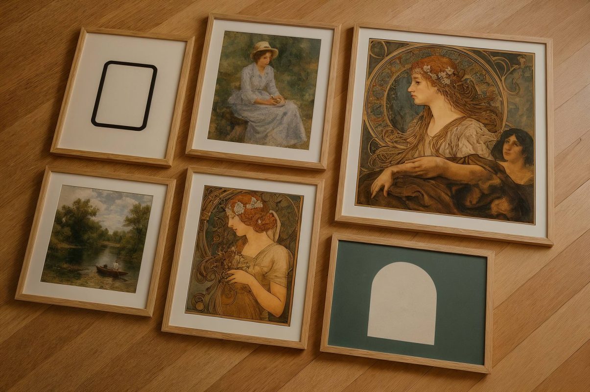 Minimalizm, empresyonizm, art nouveau, barok ve realizm tarzlarında beş çerçeveli özel tasarım tablolar, ahşap zeminde yatay dizili