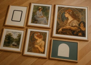 Özel Tasarım Tablolar Minimalizm, empresyonizm, art nouveau, barok ve realizm tarzlarında beş çerçeveli özel tasarım tablolar, ahşap zeminde yatay dizili