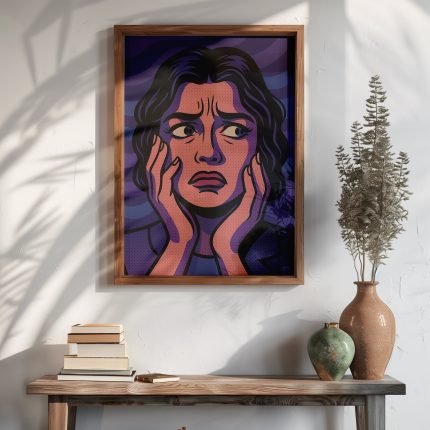 Retro tarz tablo, ahşap çerçeveli ve dekoratif objelerle sergilenmiş