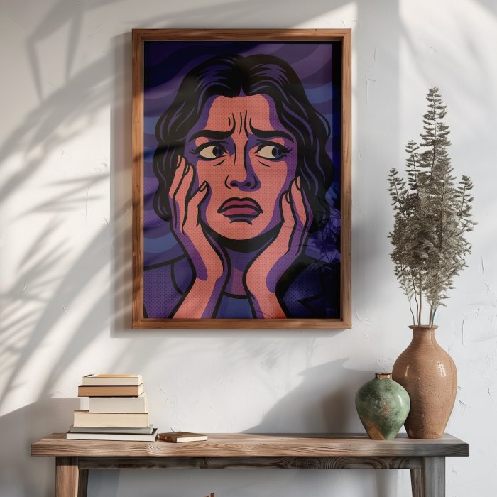 Retro tarz tablo, ahşap çerçeveli ve dekoratif objelerle sergilenmiş