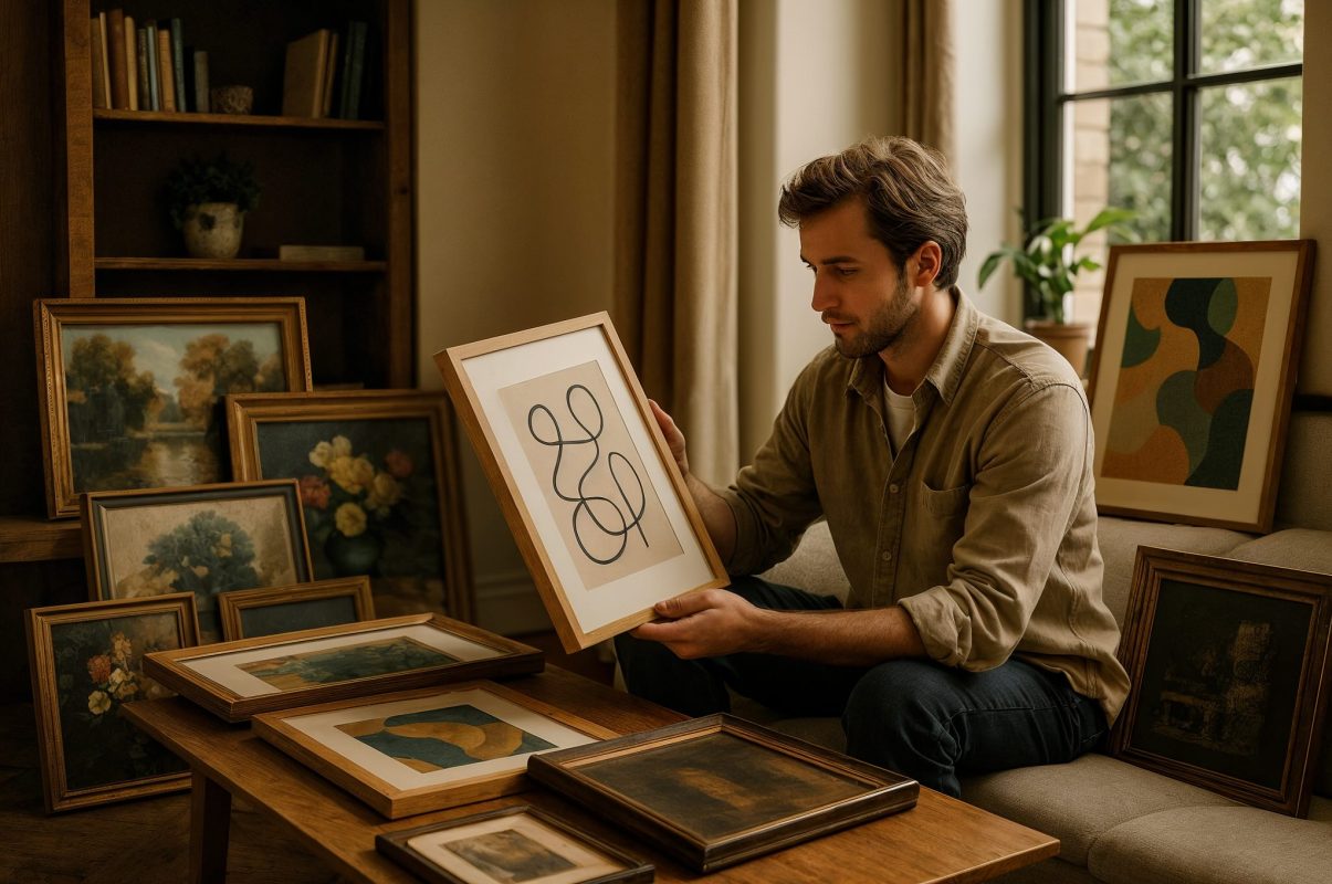 Sanat eseri yatırımı için tabloları inceleyen koleksiyoner, farklı tarzda çerçeveli resimler önünde
