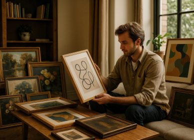 Koleksiyonerin Tablo İncelemesi – Sanat Eseri Yatırımı Sanat eseri yatırımı için tabloları inceleyen koleksiyoner, farklı tarzda çerçeveli resimler önünde