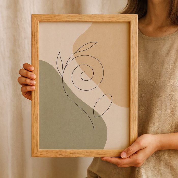 Elde tutulan ahşap çerçeveli modern sade tablo