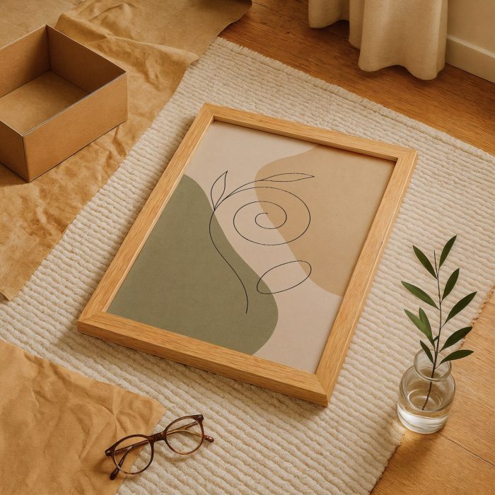 Ahşap çerçeveli modern sade tablo, yukarıdan görünüm