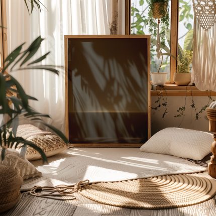 Minimal soyut tablo - ahşap çerçeveyle yatak odasında