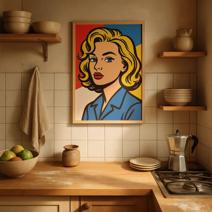Pop art kadın tablosu mutfakta sergileniyor